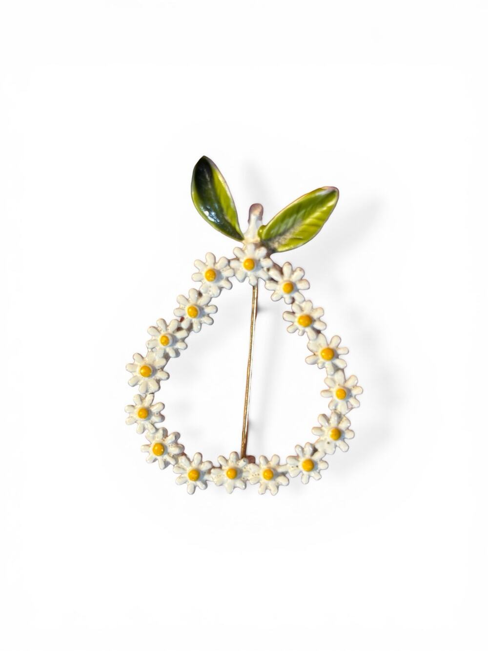 Vintage Daisy Wreath Brooch Pin White Enamel Floral Leaves Spring Cottagecore